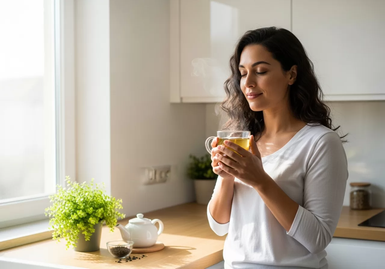 Woman drinking green tea for weight loss and health