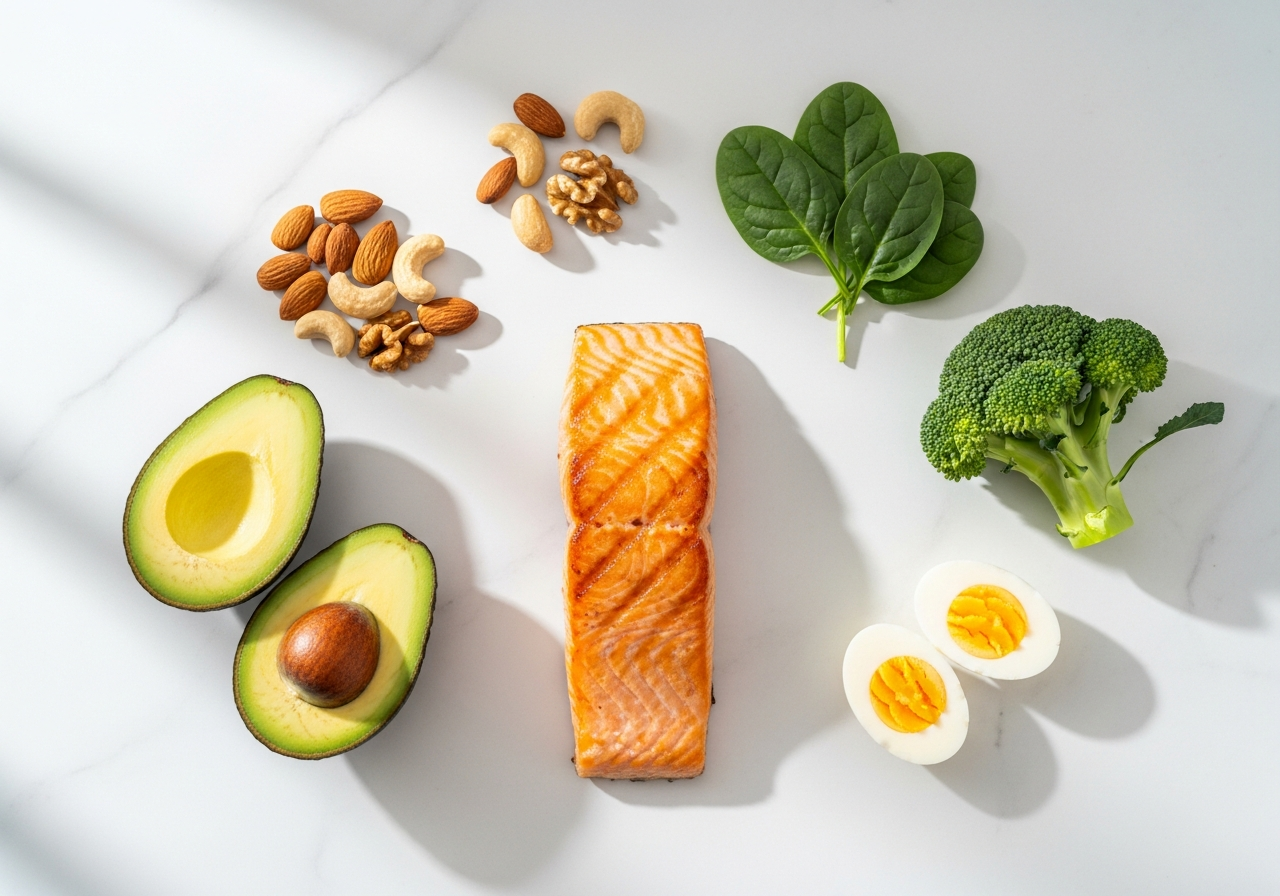 Healthy nutritious foods for testosterone support including salmon, eggs, avocado, nuts, and vegetables