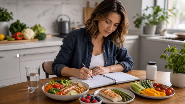 Appetite Suppressants That Work: Science-Backed Weight Loss Aids 2026 3 Adult planning appetite-friendly meals with vegetables, protein, berries, water, and a hunger journal