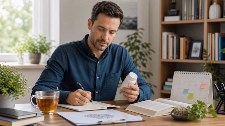 Bacopa Monnieri for Memory: Benefits, Timing, and Side Effects 1 Adult reviewing memory habits at a desk with tea, notebook, calendar, and a neutral supplement bottle