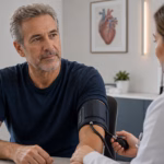 Man having his blood pressure measured during a doctor visit about circulation and erectile function
