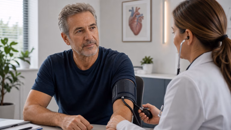 Blood Pressure and Erectile Function: The Circulation Connection 9 Man having his blood pressure measured during a doctor visit about circulation and erectile function