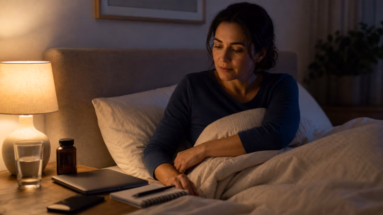 Blue Light and Sleep: Screens, Timing, and Better Recovery 5 Adult winding down at night with a phone face down, warm lamp, sleep journal, and closed laptop