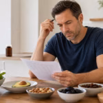 Man reviewing mineral-rich foods such as avocado, nuts, beans, prunes, and leafy greens