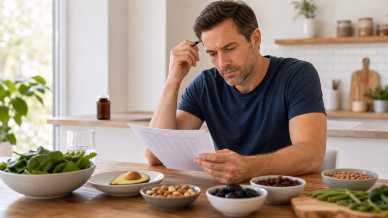Boron for Men: Testosterone Claims, Bone Health, and Safety 1 Man reviewing mineral-rich foods such as avocado, nuts, beans, prunes, and leafy greens