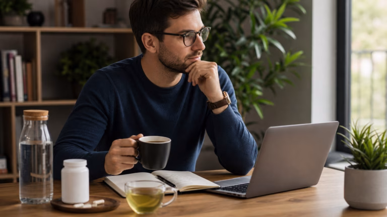 Caffeine and L-Theanine Stack: The Ultimate Nootropic Combination 12 Adult taking a calm focus break with coffee, green tea, water, a notebook, and a neutral supplement bottle