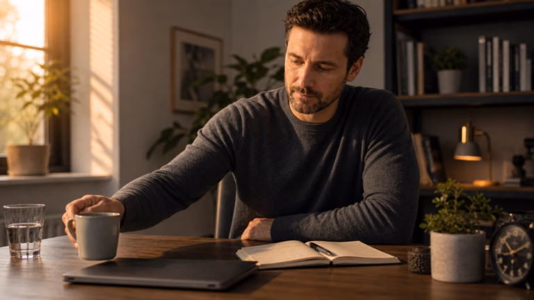 Caffeine and Sleep Quality: Timing, Stress, and Hormone Health 7 Man reviewing coffee timing, water intake, and a sleep journal while managing caffeine use