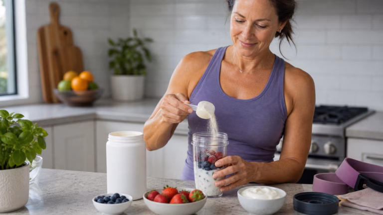 Collagen Peptides After 40: Skin, Joints, and Protein Quality 2 Adult over 40 preparing a protein-rich smoothie with berries, yogurt, and an unbranded collagen container