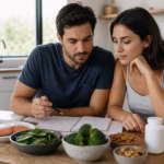 Couple reviewing a fertility wellness plan with fish, spinach, broccoli, nuts, and a neutral CoQ10 supplement