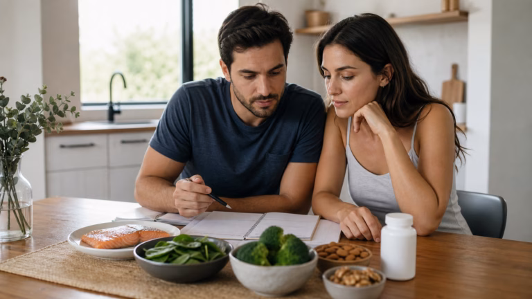 CoQ10 for Male Fertility: Sperm Motility, Energy, and Safety 2 Couple reviewing a fertility wellness plan with fish, spinach, broccoli, nuts, and a neutral CoQ10 supplement