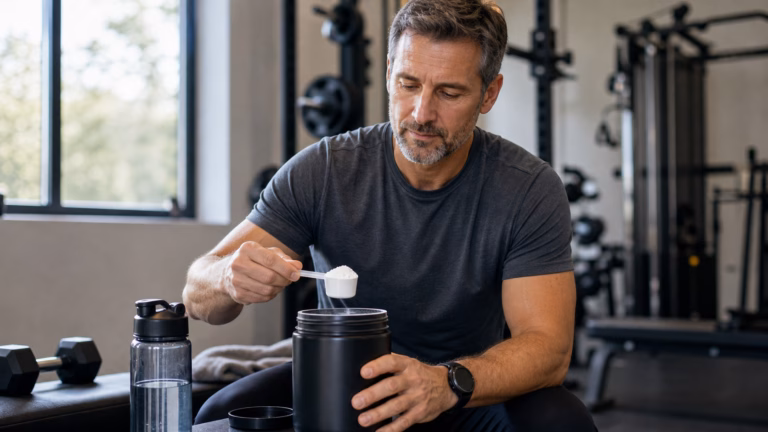 Creatine for Men Over 40: Strength, Muscle, and Safety 3 Man over 40 preparing creatine with water near dumbbells after strength training