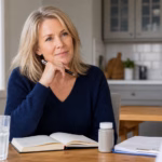 Woman reviewing a hormone health journal with water and a neutral supplement bottle before a clinician discussion