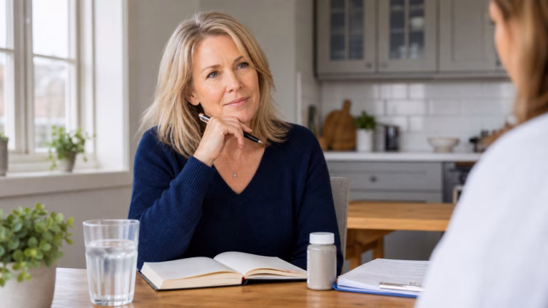 DHEA for Women: Libido, Menopause, and Hormone Safety 3 Woman reviewing a hormone health journal with water and a neutral supplement bottle before a clinician discussion