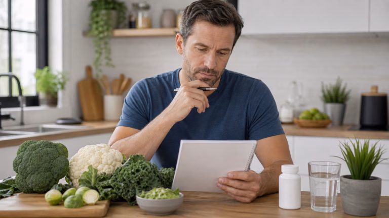 DIM Supplements for Men: Estrogen Metabolism and Safety 1 Man reviewing cruciferous vegetables and a neutral supplement bottle for hormone health