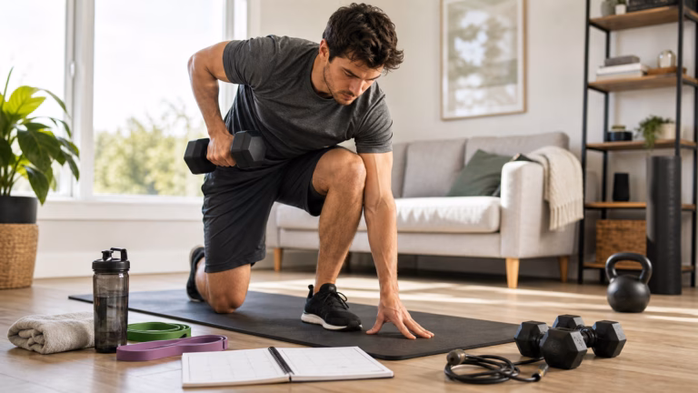 Exercise for Weight Loss: The Most Effective Workout Strategies 2026 2 Adult doing a practical home workout with resistance bands, dumbbells, water, and a workout plan