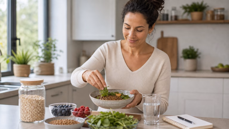 Fiber and Appetite Control: A Practical Weight Loss Guide 10 Woman preparing a high-fiber meal with lentils, oats, berries, greens, and water