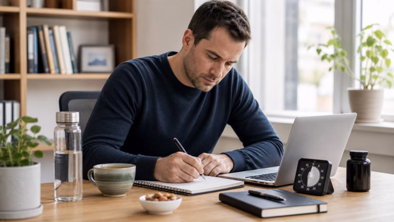 Focus Supplements for Concentration and Mental Clarity 2026 9 Adult working at a clean desk with water, tea, a notebook, timer, and an unbranded supplement bottle