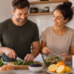 Couple preparing folate-rich foods such as leafy greens, beans, citrus, and eggs for fertility support