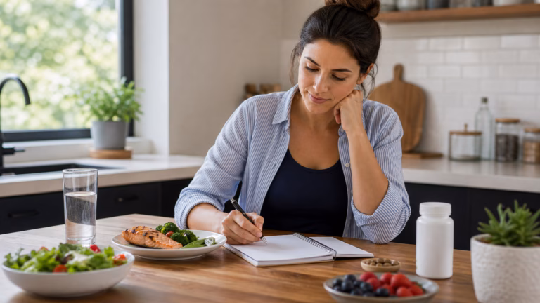 GLP-1 Weight Loss: Supplements, Appetite, and What Not to Confuse 7 Adult planning a balanced appetite-supporting meal with vegetables, protein, water, and an unbranded supplement bottle