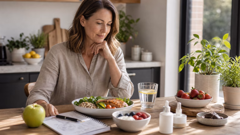 Glycation and Skin Aging: Sugar, Collagen, and Lifestyle Habits 1 Adult over 40 comparing a balanced low-sugar meal with fruit, yogurt, protein, water, and collagen notes