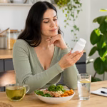 Woman comparing brewed green tea, balanced food, water, and a neutral supplement bottle for weight loss safety