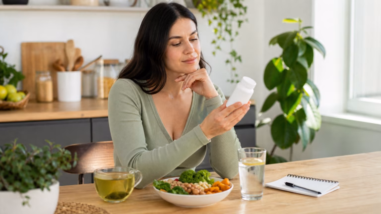 Green Tea Extract for Weight Loss: Benefits, Risks, and Liver Safety 2 Woman comparing brewed green tea, balanced food, water, and a neutral supplement bottle for weight loss safety