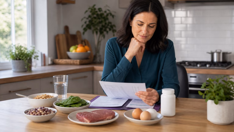Iron and Women's Energy: Deficiency, Ferritin, and Supplement Safety 11 Woman reviewing iron-rich foods, a lab report folder, water, and a neutral supplement bottle