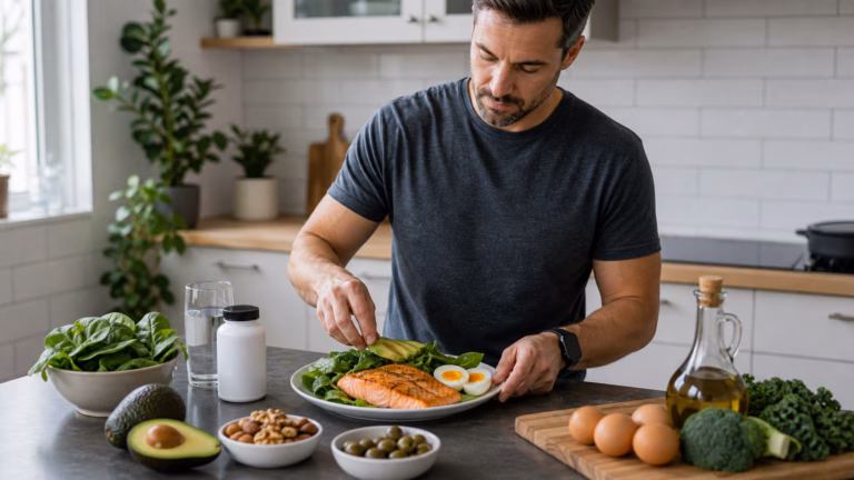 Keto Diet and Ketogenic Supplements: Complete 2026 Guide 4 Adult preparing a balanced keto-style meal with avocado, eggs, salmon, leafy greens, olive oil, and water