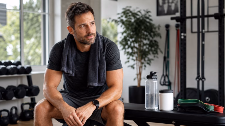 L-Citrulline for Blood Flow: Exercise, Erections, and Safety 3 Man after a workout with water, resistance bands, and a neutral supplement container for blood flow support