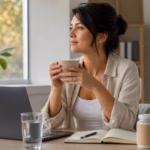 Adult taking a calm desk break with green tea, water, a notebook, and a neutral supplement bottle