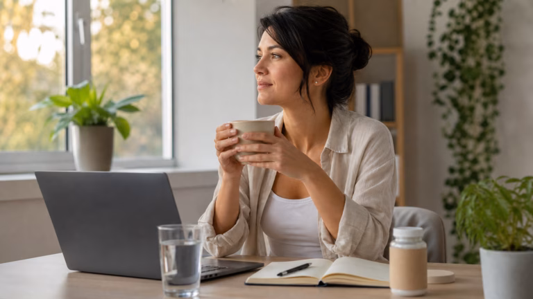 L-Theanine for Stress and Sleep: Calm Focus Without Overpromising 1 Adult taking a calm desk break with green tea, water, a notebook, and a neutral supplement bottle