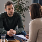 Adult in a calm clinician consultation with a health journal and medication discussion folder