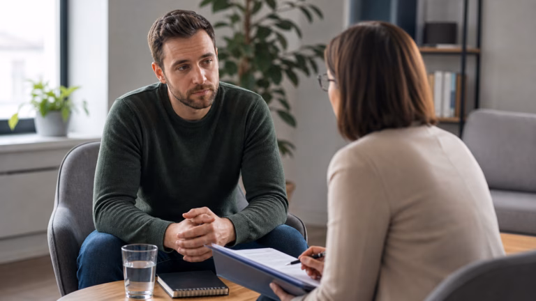 Libido and Depression: Medication, Mood, and Sexual Health 1 Adult in a calm clinician consultation with a health journal and medication discussion folder