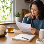 Adult reviewing lion's mane mushrooms, tea, and a neutral supplement bottle while reading about brain health