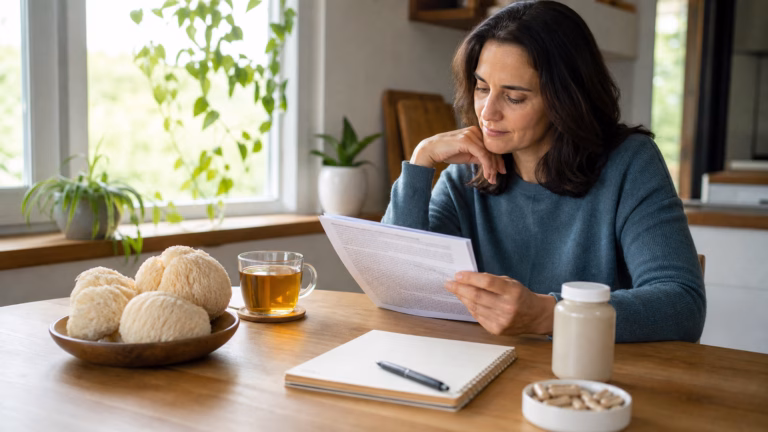 Lion's Mane Mushroom: Brain Health Claims, Safety, and Expectations 7 Adult reviewing lion's mane mushrooms, tea, and a neutral supplement bottle while reading about brain health