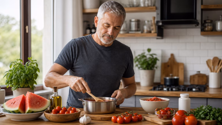 Lycopene for Prostate Health: Food Sources and Supplement Reality 1 Older man preparing tomato-rich foods for a food-first prostate health routine