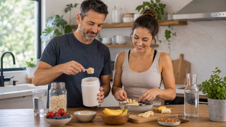 Maca Root for Libido: Men, Women, Energy, and Safety 11 Adults preparing a balanced breakfast with maca powder, fruit, oats, and water in a bright kitchen