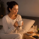 Woman holding a warm drink beside magnesium-rich foods during a calm bedtime routine
