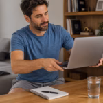 Man moving a laptop from his lap to a desk while reviewing fertility wellness habits