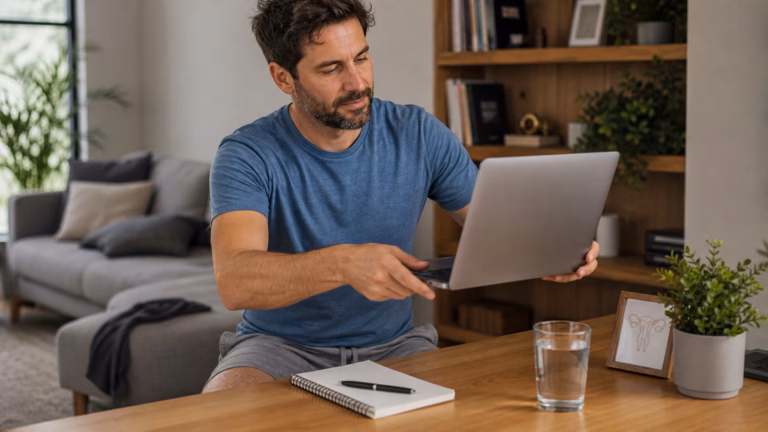 Male Fertility and Heat Exposure: Saunas, Laptops, and Hot Baths 9 Man moving a laptop from his lap to a desk while reviewing fertility wellness habits