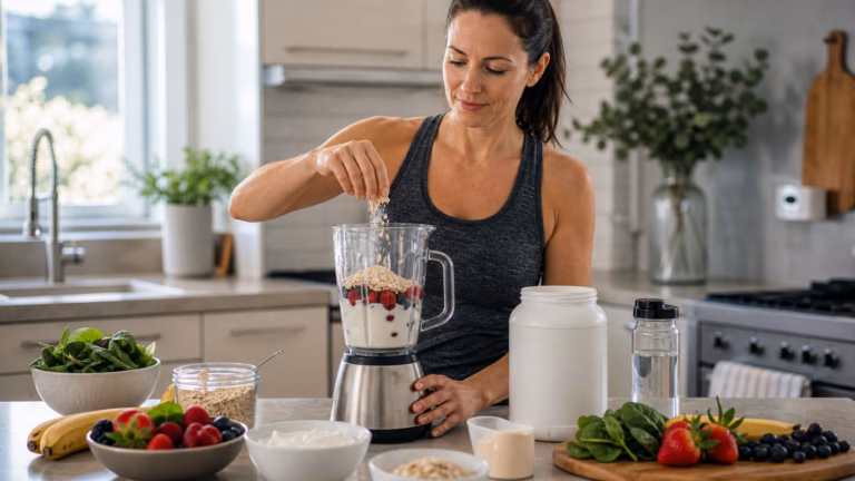 Meal Replacement Shakes for Weight Loss: Do They Really Work? 5 Adult blending a meal replacement shake with yogurt, berries, oats, protein powder, and water