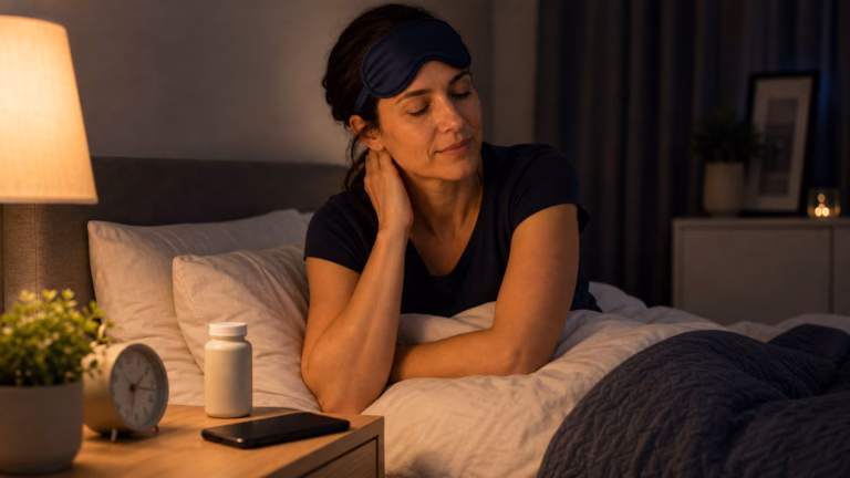 Melatonin for Sleep: When It Helps and When to Avoid It 11 Woman preparing for sleep with a sleep mask, water, and a neutral melatonin supplement bottle