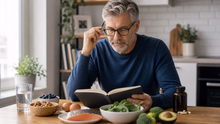 Memory Supplements That Actually Work 2026: Science-Backed Options 10 Adult over 50 reviewing memory habits with a notebook, water, eggs, fish, berries, and a neutral supplement bottle