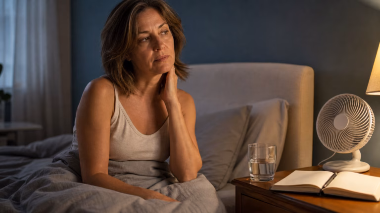 Menopause Sleep Problems: Hormones, Hot Flashes, and Better Rest 5 Middle-aged woman managing hot flashes and sleep problems with water, a fan, and a sleep journal