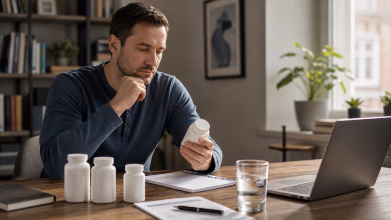 Mind Lab Pro Review 2026: Comprehensive vs Single-Compound Nootropics 7 Adult comparing unbranded nootropic supplement bottles with a notebook, water, and a laptop turned away