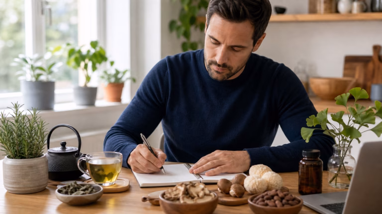 Natural Nootropics 2026: Best Botanical Brain Enhancers 8 Adult reviewing botanical brain health ingredients such as green tea, rosemary, cocoa, mushrooms, and a neutral supplement bottle