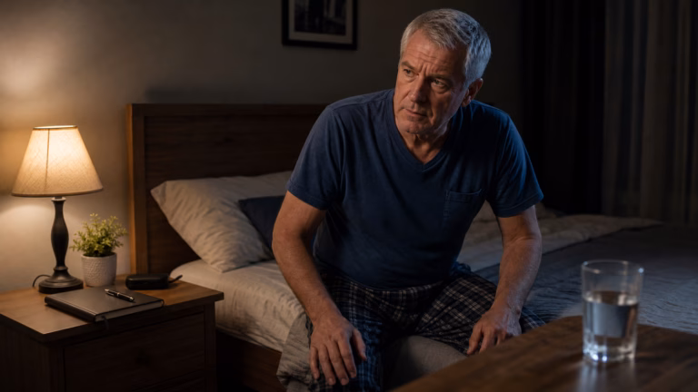Nocturia in Men: Nighttime Urination, Sleep, and Prostate Clues 2 Older man sitting on the edge of a bed at night with a health journal and water nearby