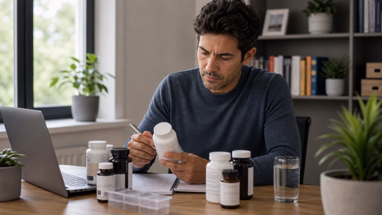 Nootropic Stacks: How to Avoid Overlapping Ingredients 4 Adult organizing unbranded supplement bottles with a notebook and water while checking ingredient overlap