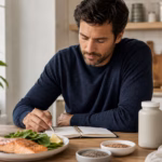 Man planning an omega-3 rich meal with salmon, walnuts, chia seeds, and a supplement bottle