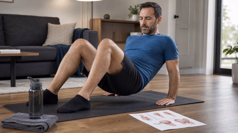 Pelvic Floor Exercises for Men: ED, Urinary Control, and Consistency 3 Man doing a private home exercise routine on a yoga mat with water and physiotherapy notes nearby